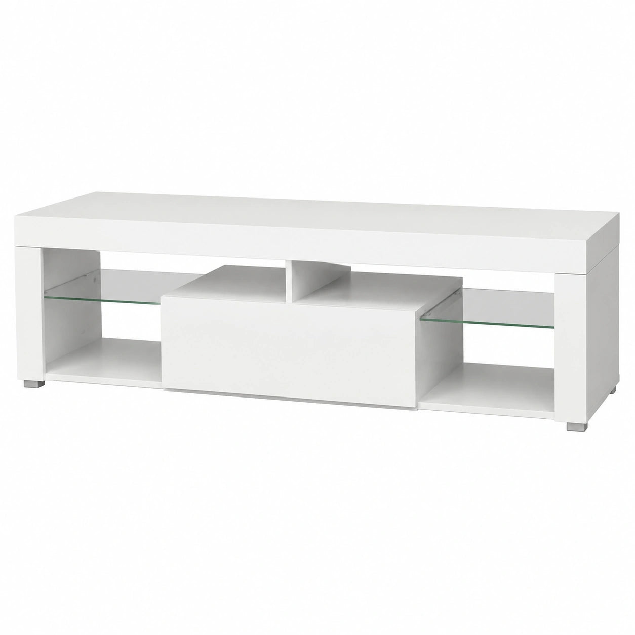 Meuble TV Bas Blanc Minimaliste avec Compartiments Ferm¨¦s et Ouverts