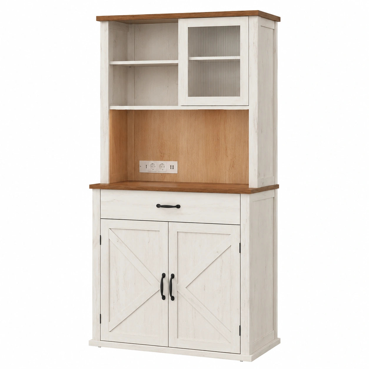 Armoire de Cuisine avec ¨¦clairages et Chargeur, ¨¦tag¨¨res R¨¦glables, Blanc Rustique