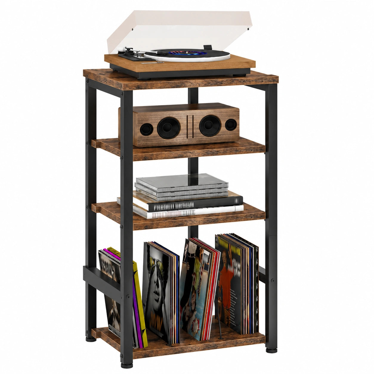 Meuble Vintage pour Vinyles et ¨¦quipement Audio, 4 Niveaux de Rangement