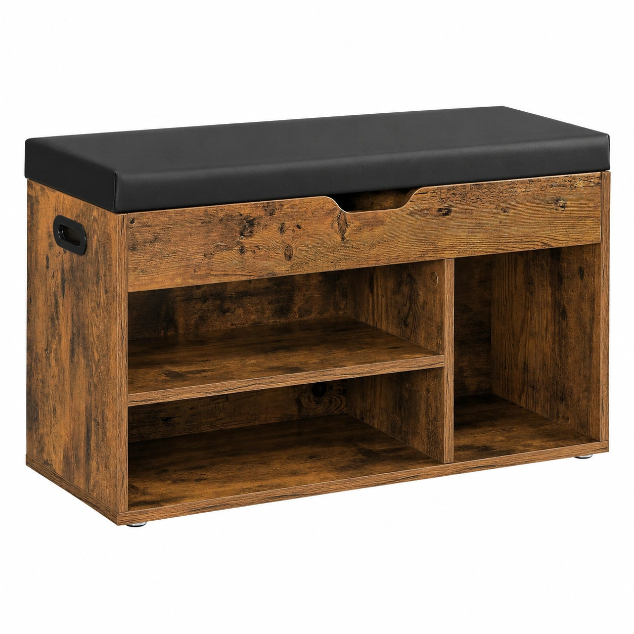 Banc de rangement d'entr¨¦e avec ¨¦tag¨¨res et si¨¨ge rembourr¨¦, finition marron rustique
