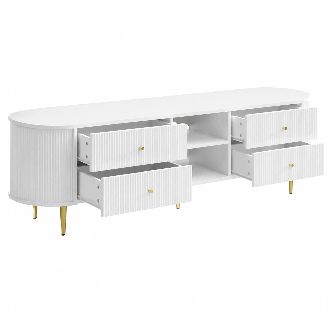 Meuble TV Ovale avec Tiroirs et Pieds en Fer pour Salon