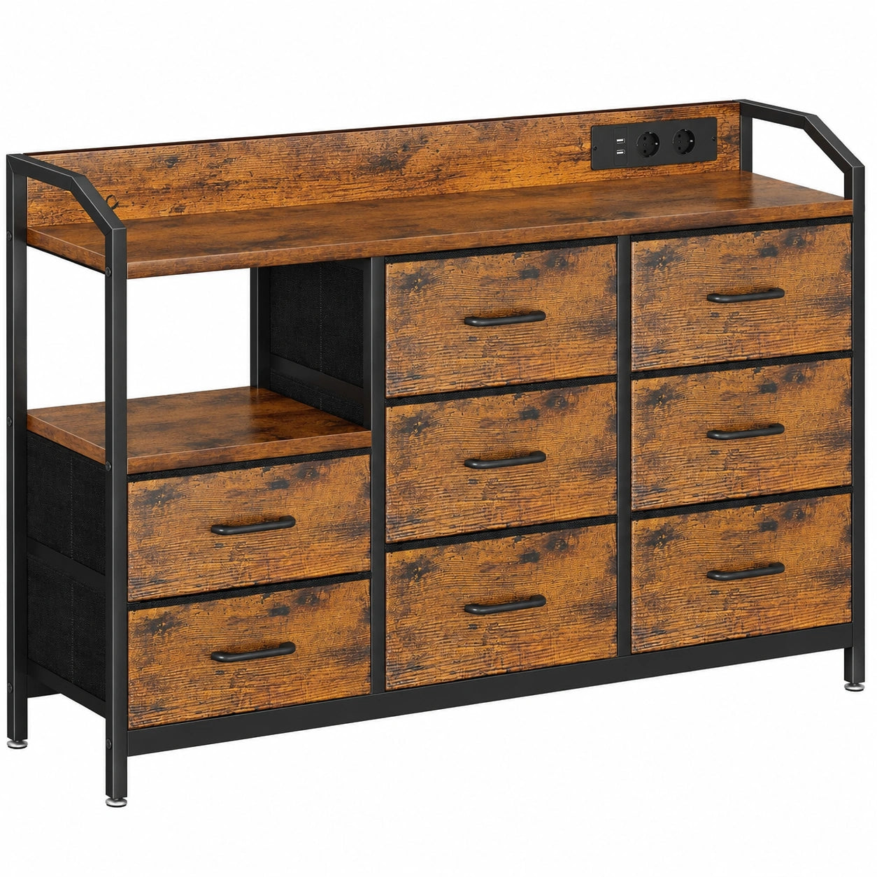 Commode avec LED, Prises USB, Tiroirs en Tissu, Style Vintage